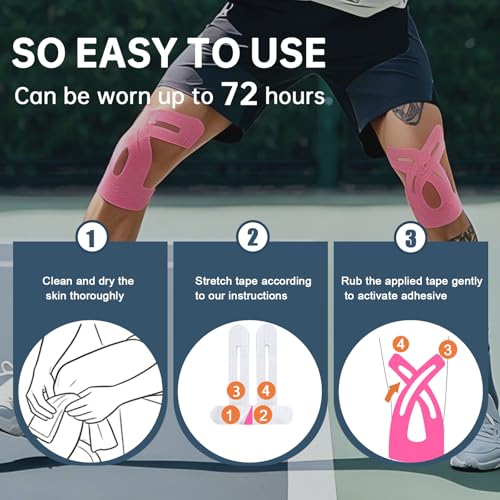 Image of Precut Kinesiology Tape for Knees, 10 Strips - Knee Support & Stability, Knee Pain Relief Athletic Tape - Waterproof & Elastic, Breathable Hypoallergenic Latex-Free Tape, Pink