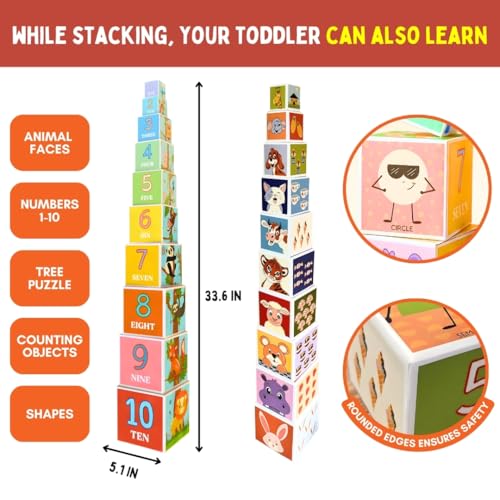 Image of PepPlay Toddler Learning Combo, Stacking and Nesting Cubes + Touch and Feel Wild Animal Puzzle, Montessori Educational Toys for 1 to 4 Year Old Kids, Travel, Early Learning Brain Development Gift Set
