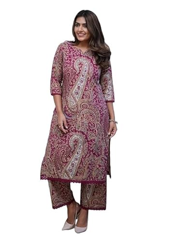 Nermosa Kurta Damen Viskose-Druck gerade Hosen Set, bordeaux, 38 Nermosa Kurta Damen Viskose-Druck gerade Hosen Set, bordeaux, 38