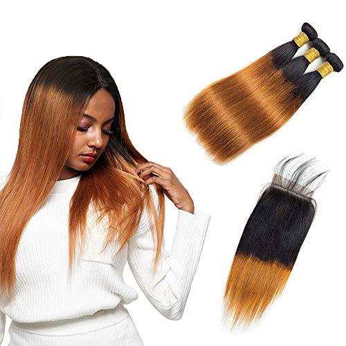 Ombre Human Hair brown Brazilian Virgin Hair Straight Hair Extensions T1B 30# 3 Bundles with 4x4 Lace Closure 100% Human Hair Bundles 8A Grade (10"12"14"& closure 10")