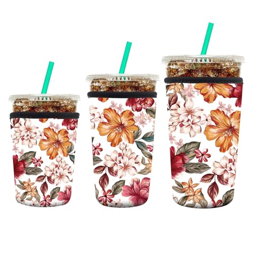 Image of 3 Pack Reusable Neoprene Insulator Sleeve for Iced Coffee Cups, Funny Coffee Cup Sleeves for 16-32oz Coffee cups, Cute Drink Sleeve for Cold Hot Beverages Cute Red Floral