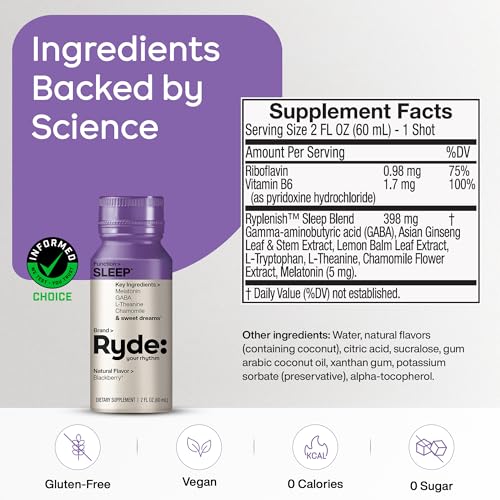 Image of Ryde: SLEEP Shot, 2 fl oz, Melatonin, GABA, L-Theanine & Chamomile, Blackberry Natural Flavor, Zero Calories, Sugar-Free, Vegan, Made in USA (24 Pack)