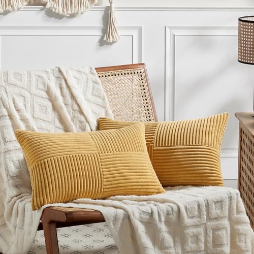 Image of Fancy Homi 2 Packs Gold Yellow Lumbar Decorative Throw Pillow Covers 14x24 Inch for Couch Bed Sofa, Rustic Farmhouse Boho Spring Home Decor, Soft Striped Corduroy Rectangle Accent Cushion Case 35x60cm