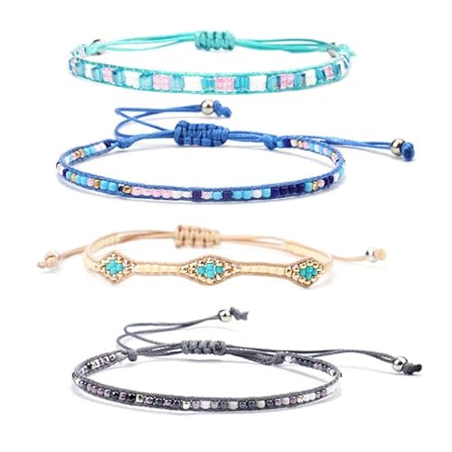 Szetosy Bohemian-Perlen-Armbänder, bunt, mit Perlen, mehrlagig, handgefertigt, für Damen, verstellbares Boho-Armband-Set, 4 Stück, Baumwolle Cover