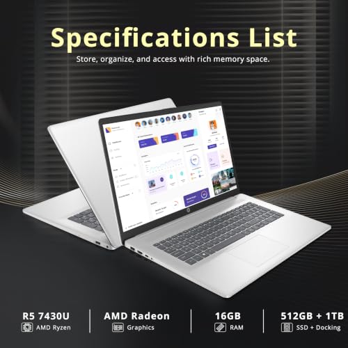 Image of HP 17.3 inch HD+ Touchscreen Business Laptop, AMD Ryzen 5 7430U, 16GB RAM, 1.5TB Storage (512GB SSD+1TB Docking Station Set), AMD Radeon Graphics, Numeric Keypad, Wi-Fi 6, HD Webcam, Win 11, Silver