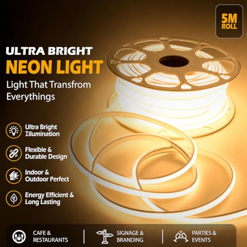 Image of MoonlitDreams 5 Meter LED Neon Strip Light, 10mm Warm White Waterproof Flexible 5M COB Neon Rope Light, Cuttable LED Strip for Indoor Outdoor Wall Decor, Home, Shop, Party & Festival Lighting