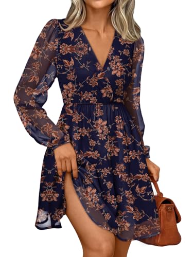 LILLUSORY Womens Long Sleeve Wedding Guest Dresses Winter 2025 Casual Fall Fashion V Neck Mini Chiffon Dress Flowy Clothes