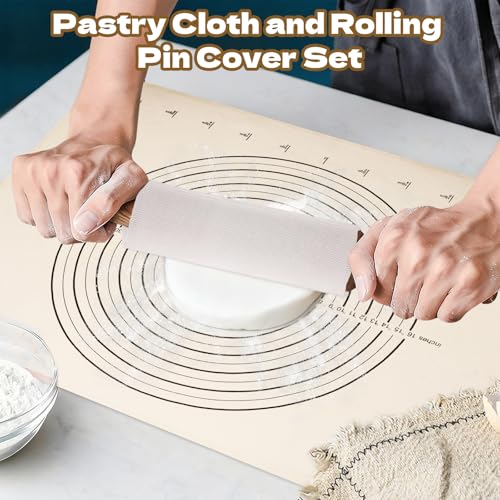 8 PCS Pastry Cloth and Rolling Pin Cover Set Includes 2 PCS 25 x 19 Inch Cotton Pastry Mat and 6 PCS 12.6 x 3 Inch Flexible Rolling Pin Cover Sleeves Collapsible for Non-Stick Dough Bread