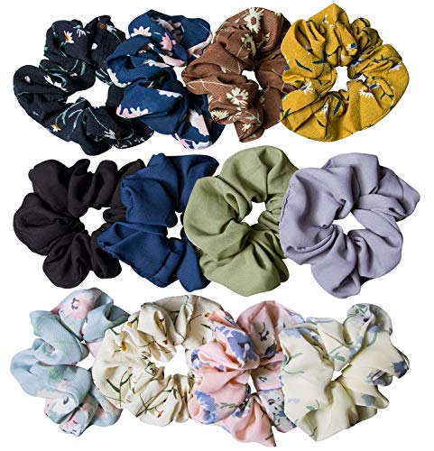 12 Pack Chiffon Hair Scrunchies Flower Scrunchy Hair Bobbles Floral Hair Ties Ponytail Holder for Women Girls,Including 8 Colors Chiffon Flower Hair Scrunchies and 4 Solid Colors Chiffon Hair Ties