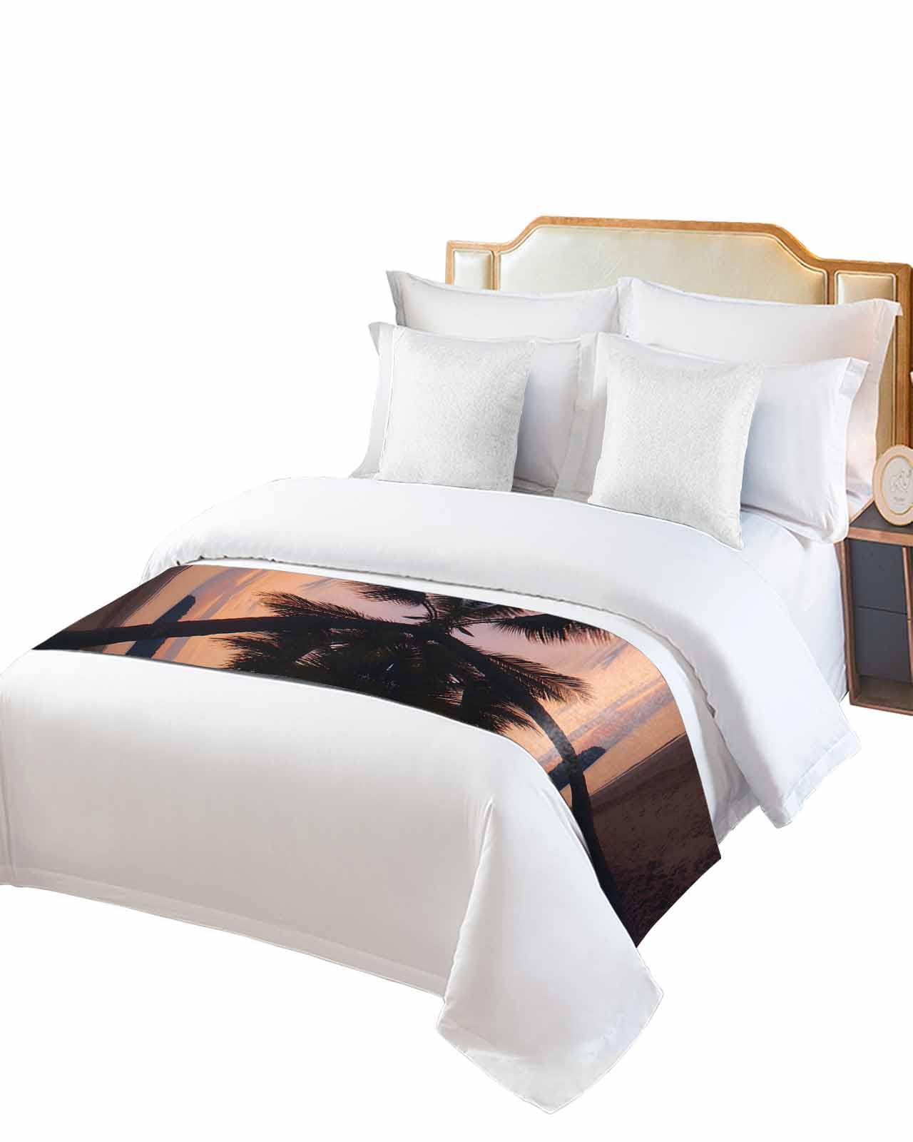 Twin Bed Runner Summer Beach Sunset Bedding Runner Scarves Decorative Bed Scarf, Coconut Tree Shadow Soft Bedding Scarf for Bedroom Hotel Wedding 83x20in