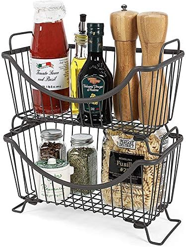 LeleCAT Paquete de 2 cestas apilables, cesta organizadora de almacenamiento de alambre con asas, estilo vintage de estilo rústico de granja,