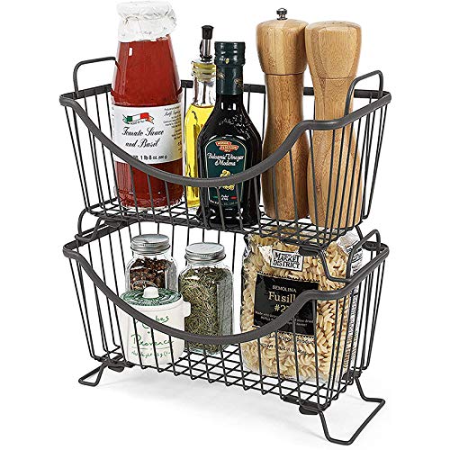 LeleCAT2 Pack Stackable Baskets,Wire Storage Organizer Basket with Handles, Vintage Locker Basket Style, Rustic Farmhouse Chic, Pantry, Kitchen, Garage, Bathroom,grey