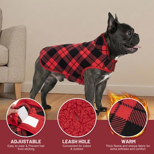 Image of cyeollo Sherpa Dog Coat Reversible Small Dog Jackets, Red Buffalo Plaid, S
