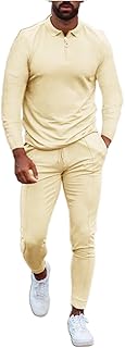 YHEGHT Conjunto de roupas masculinas de duas peças para outono, respirável, amassado, respirável, camisa e calça de manga comprida, Cáqui, XG