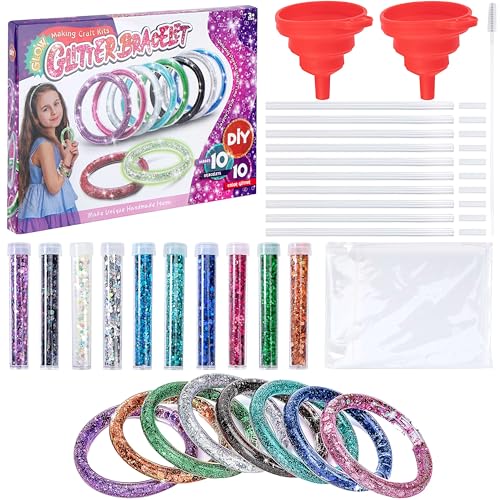 Wisplye Kit Realizzare Braccialetti Glitter per Ragazze 5+ Anni, Attività Creative Fai Da Te con 10 Braccialetti, 10 Colori Glitter, Regali Compleanno Bambini