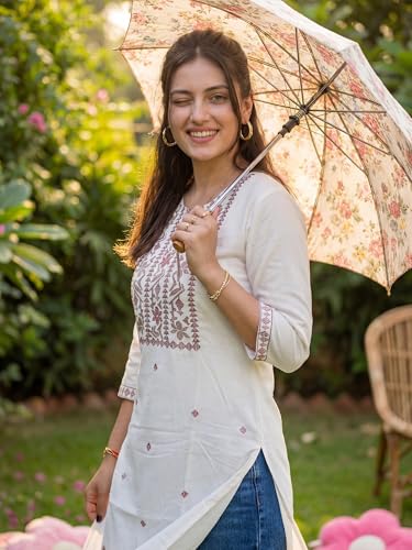 Image of INDO ERA Women's White Viscose Rayon Straight Embroidered Kurta