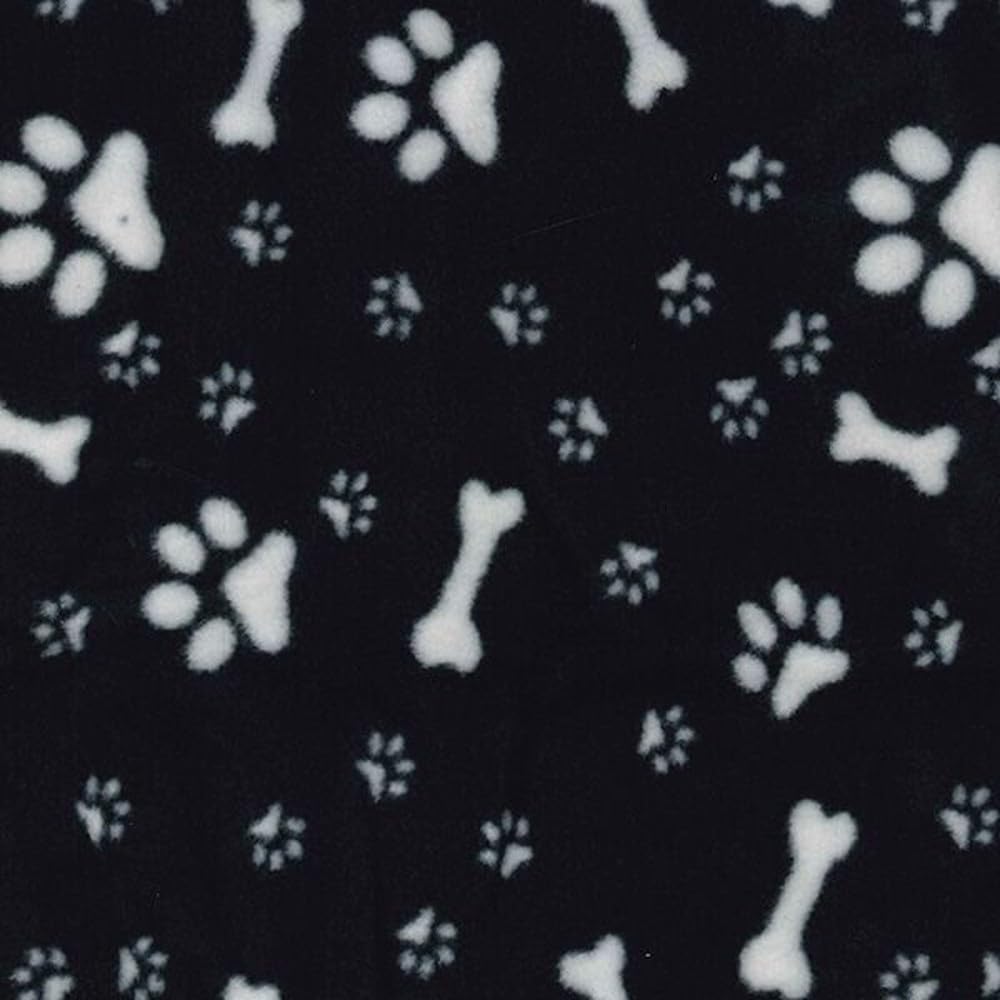 Oh Sew Crafty Limited Black Polar Fleece Anti Pil Fabric Dog Paw Prints & Bones Puppy Puppies Pet Blanket 150Cm Wide (Price Per Metre) (Black)