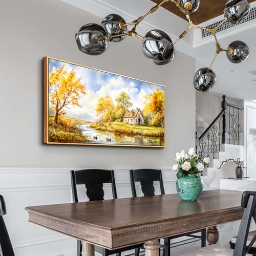 ERQINHUA Large Wall Decoration Canvas For Bedroom Wall Art For Living Room Office Decor Yellow Pastoral Creek Landscape Painting Wood Frame Pictures Art Print Farmhouse Home Wall Aesthetics 24"x48"