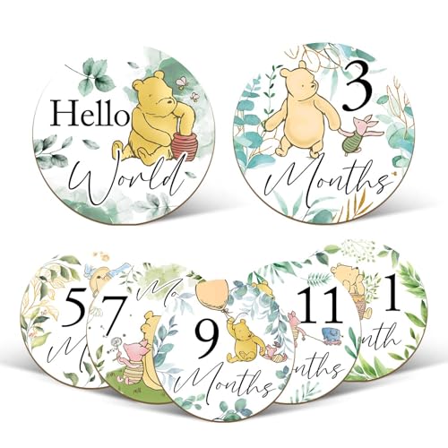 Image of 7 Pcs Winnie Baby Monthly Milestone Markers, Winnie Double Sided Baby Months Wooden Signs with Storage Bags, Baby Monthly Announcement Wooden Discs, Milestone Pictures of Your Newborn Boy & Girl
