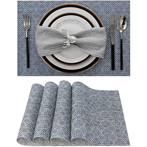 Createshao PVC Vinyl Red Striped Placemat Woven Placemats Rectangular Place Mat Washable Table Mats (4 PCS, E- Navy White) Cover
