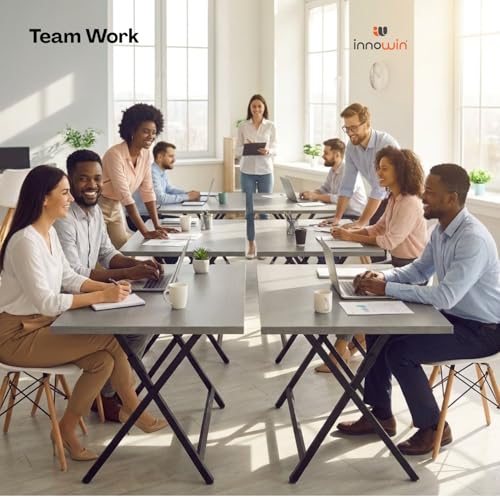 Image of INNOWIN Startup Table | Foldable Work Desk with Particle Board Top & Mild Steel Frame | Space Saving Study Table for Home, Office, Laptop Desk | Modern Black Frame & Grey Top