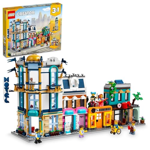 Image of LEGO Creator 3 in 1 Main Street Building Toy Set, Features a Toy City, Art Deco Building, Market Street, Hotel, Cafe, Music Store and 6 Minifigures, Endless Play Possibilities for Kids, 31141