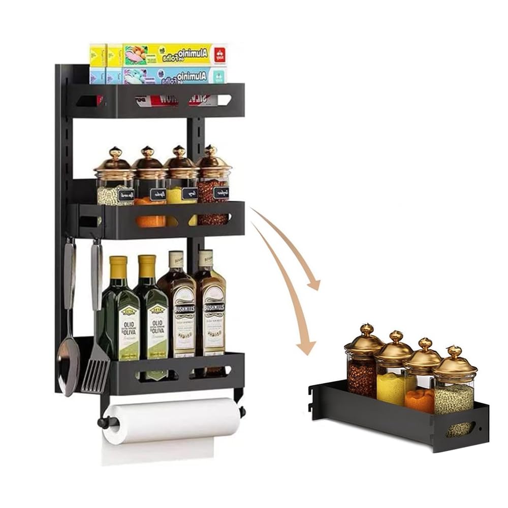 AMERTEER Spice Rack | 3 Pack Magnetic Spice Rack For Refrigerator, Metal Magnet Shelves, Fridge Side Shelf Organizer Kitchen Spice Organizer W/Hook Rack Utensils Caddy Multi Use Kitchen Magnetic Shelf