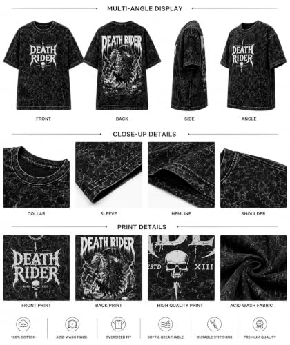 Image of Oversized Acid Wash Graphic T-Shirt for Men | Death Rider Gothic Print | Premium Cotton | Streetwear