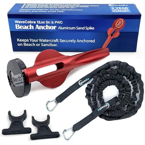 WAVESRX Beach Anchoring Bundle for PWC | 12" WaveCobra Aluminum Spike Stern Anchor + 7ft AnchorMate Flat Bungee (Stretches to 14ft) | Ultra-Light Patented Design Keeps Your Jet Ski Securely Anchored Cover