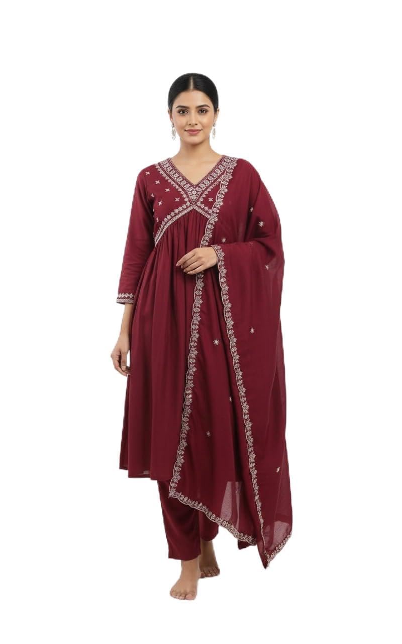 Women Suit Set, Maroon Vichitra Silk with Embroidery, Including Kurti Pant and Dupatta-image-37