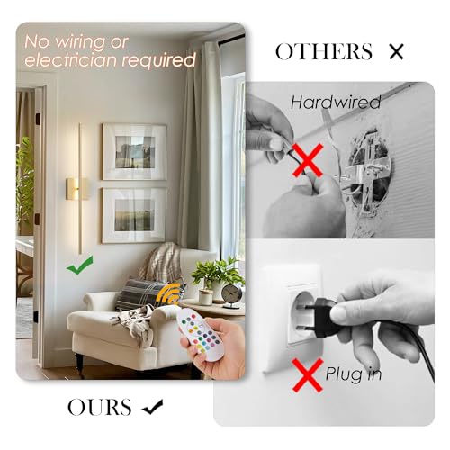 Image of KARTOOSH 28.3 Inch Battery Operated Wall Sconces Wireless Set of 2, Gold | RGB Wall Lamps, 3 Color Temps, Remote Control, Dimmable Rotatable, LED Wall Lights for Living Room Bedroom