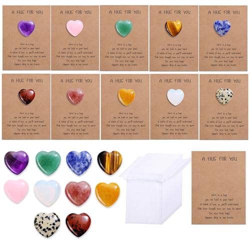 CrystalTears 40pcs Crystals Heart Stones Bulk with Gifts Cards Pocket Hug Token Gifts Natural Love Heart Shape Healing Crystal Gemstones Inspirational Gifts for Women Friends Families Valentine’s Day
