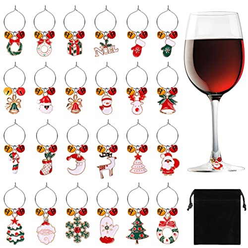 SANNIX 24pcs Christmas Wine Glass Charms - Identification Markers for Stem Glasses, Wine Tasting Party Favors & Holiday Decorations