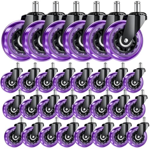 Image of 3 Inch Office Chair Wheels, Set of 30 (Purple) | Heavy Duty Replacement Casters for Hardwood Floor & Carpet, Smooth Quiet Roll, Universal 11mm Stem, Non-Marking PU Wheels
