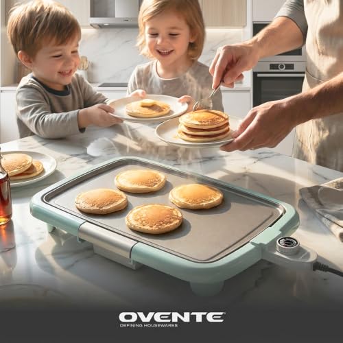 Image of OVENTE Electric Griddle with 16 x 10 Inch Non-Stick Plate, Blue GD1610LBL | Removable and Adjustable Temperature Control, Indoor Grill perfect for Instant Breakfast, Pancakes, Eggs or Burgers