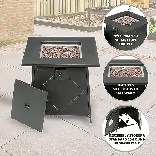 28" Steel 50K BTU Smokeless Propane Gas Fire Pit Square Table Fireplace for Outdoor Backyard Patio, Deck & Porch Heating, Black