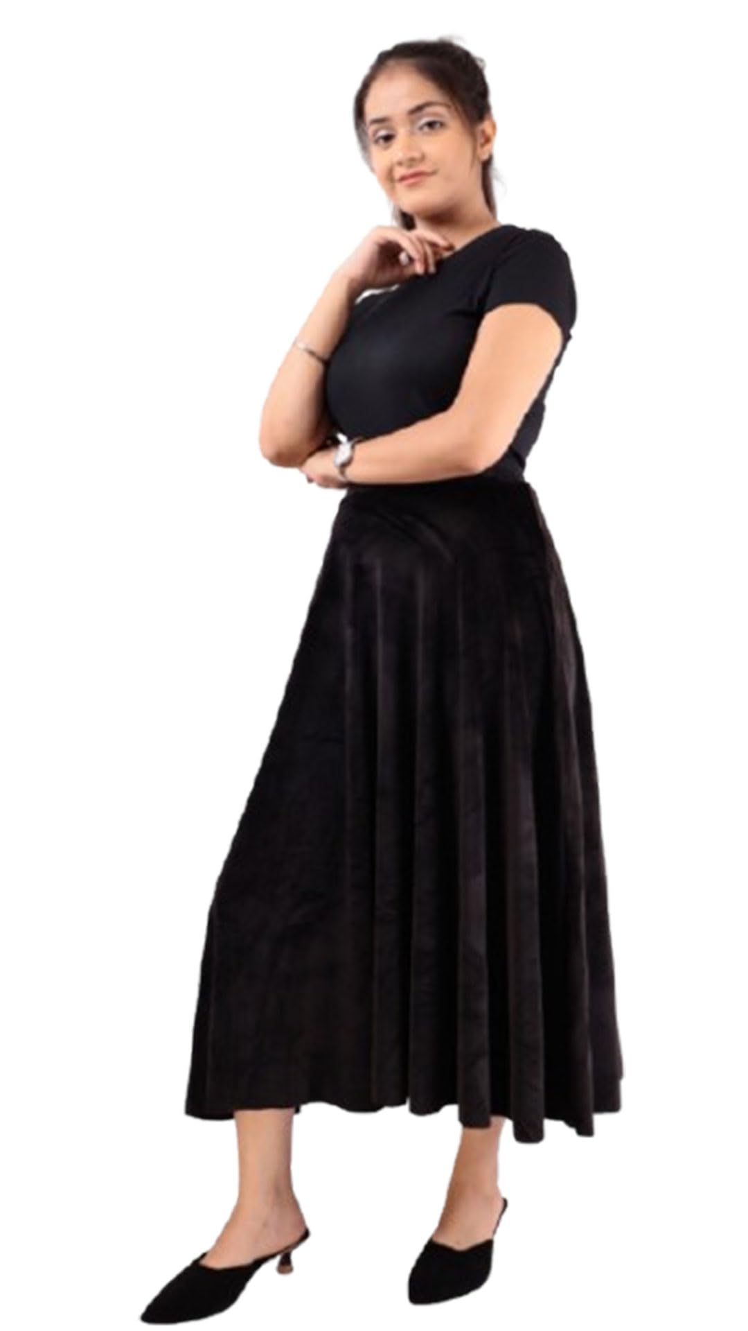 Pink Shell Luxurious High-Waist Velvet Flowy Skirt-picture-26