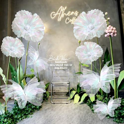 Image of Cinnvoice 8 Pcs Laser White Large Butterfly Flower Decorations 20 Inch 12 Inch 3D Giant Laser White Silk Butterfly Big Flower Mariposas Grandes para Decoracion for Wedding Backdrop Birthday Party