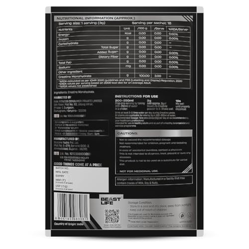 Image of BEASTLIFE Super Micronized Creatine Monohydrate 50g Refill Pack | 16 Servings Unflavoured Powder| NABL Lab Tested | Premium Sports Nutrition for Strength & Performance