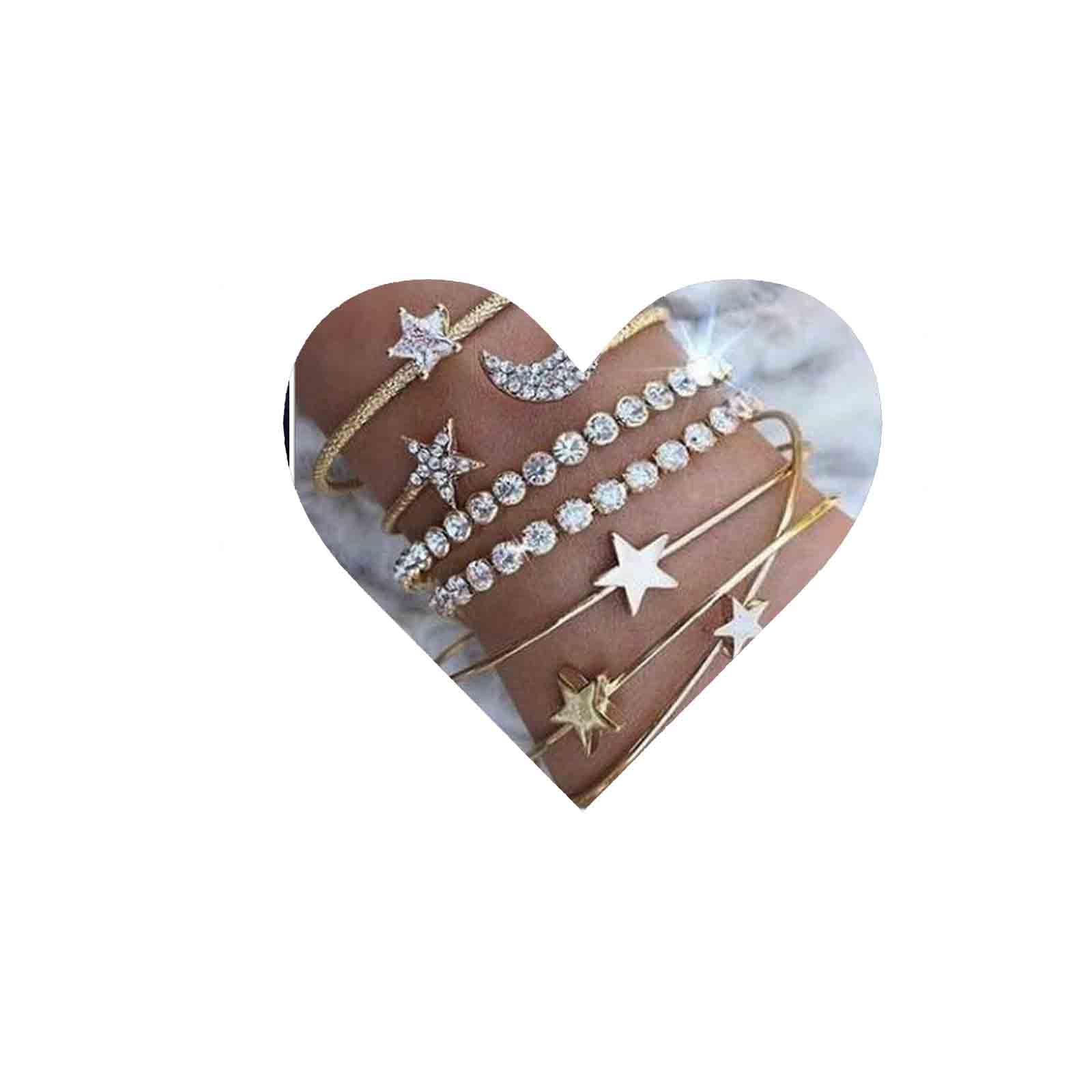 Moon Star Bracelet Hand Chain Boho Rhinestone Open Cuff Gold Bracelets Set Jewelry Gifts for Women Teen Girls 4-piece set