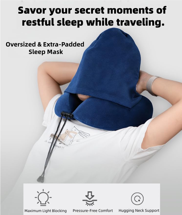 Image of Travel Neck Pillow with Extra Large Hood Rollable Airplane Hooded Neck Pillow with Memory Foam Filling and Removable, Skin-Friendly Cover with a Carrying Pouch