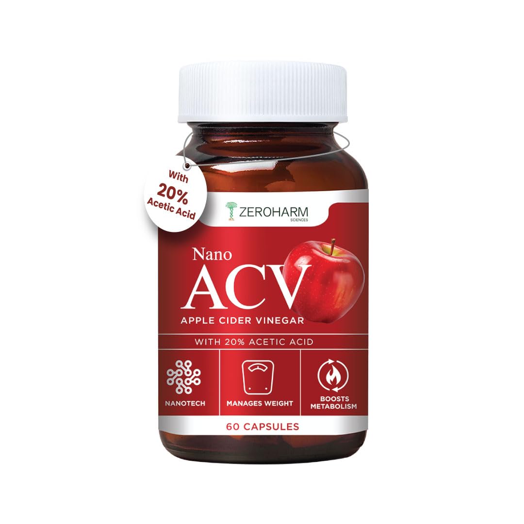 ZeroHarm Nano ACV with 20% Acetic Acid from Apple Cider Vinegar |Manages Weight | Inhibits the Enzyme ATP-Citrate Lyase | Regulates Glucose Metabolism | Increasing Postprandial Satiety | 60 Caps