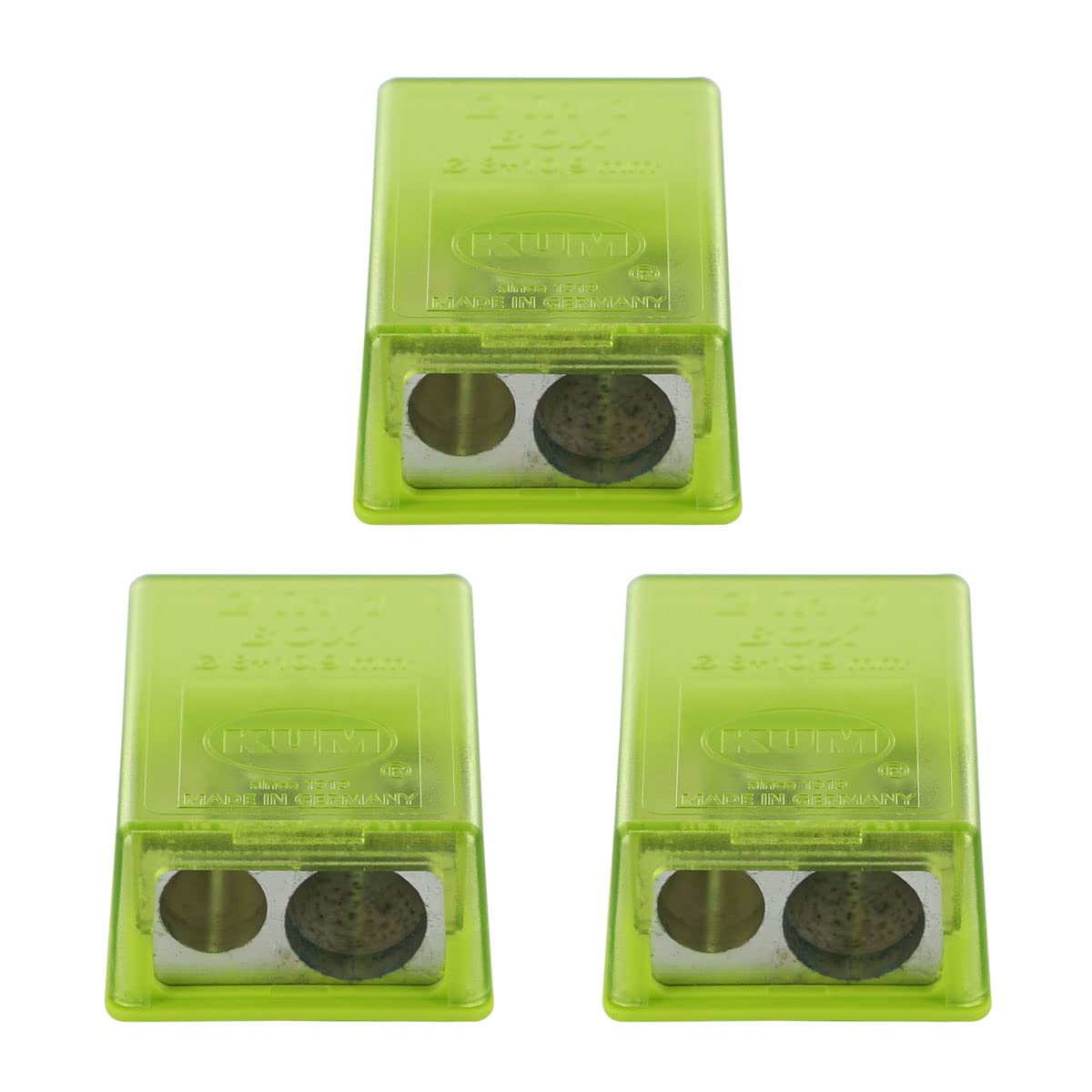 KUM AZ1032016-G Pencil Sharpener with Container 2-in-1 M2, Pack of 3, Green, Double Sharpener with Tin