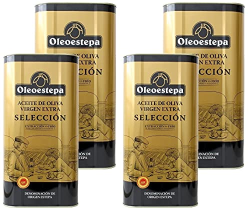 Oleoestepa Selección – Aceite de Oliva Virgen Extra Pack 4 x 5L – DOP Estepa – Extracción en frío – Variedades de la comarca – Frutado fresco – Producción sostenible – Uso arroces y repostería fina