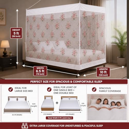 Image of ANS Premium Hanging Mosquito Net for Bed | XXL 6.5 x 10 ft | White Floral Print | Fine Mesh Protection | Cotton Border | Free Air Flow | Ideal for Large Size Bed & Joint of Single and Double Bed