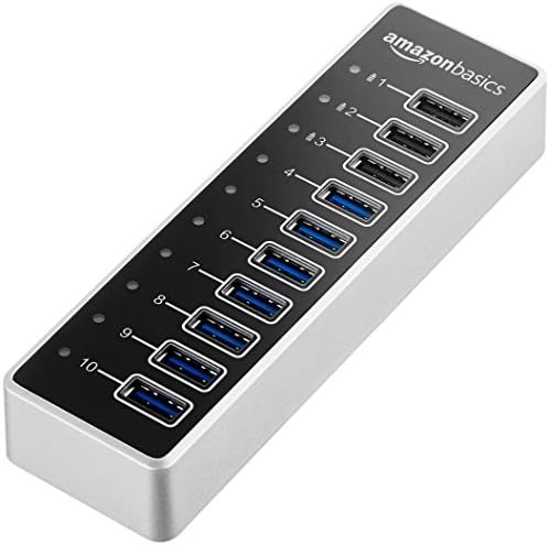 Amazon Basics USB-A 3.1 10-Port Hub with Power Adapter - 65W Powered (20V/3.25A), Silver