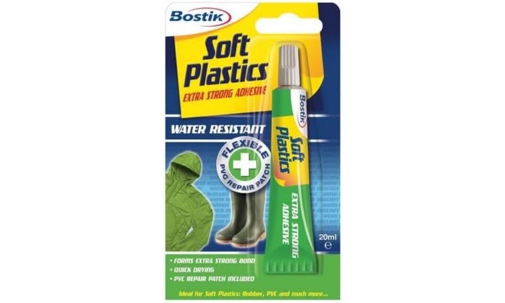 Bostik Soft Plastics Clear Glue, Ultra Strong, Water Resistant, Quick Drying, Flexible Bond, Ideal for Repairing Inflatables and Tents, Colour: Clear, Size: 20ml