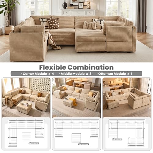 Image of ovios Modular Sectional Sofa Couch with Sofa Bed L-Shape Chaise, Comfy Plush Corduroy Cloud Couches, Modern Luxury Deep Seat Sofas Set for Living Room, 8-Seater, Beige