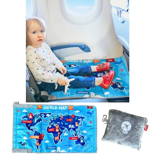 Cegali Kids Airplane Seat Extender - Enhance Your Child's In-Flight Comfort. Travel Toddler Bed, Leg Rest, Foot Hammock and Seat Extender, All in One (World Map - Blue)
