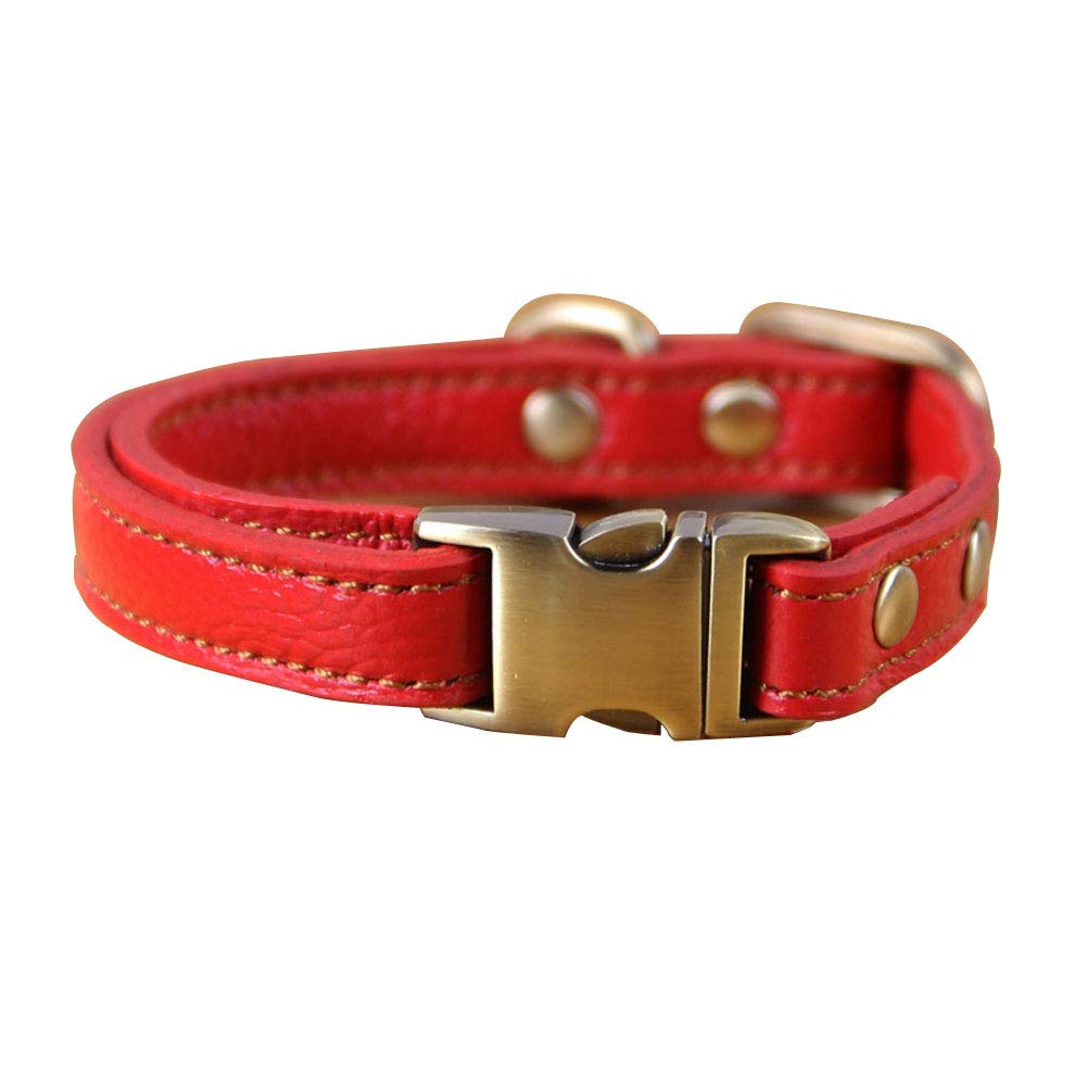 Rantow Adjustable Durable Comfortable Basic Leather Collar for Puppy Small Dogs, Classic Padded Pet Collars Real Leather Buckle Style (Wide 1.5cm/0.59inch, Red)
